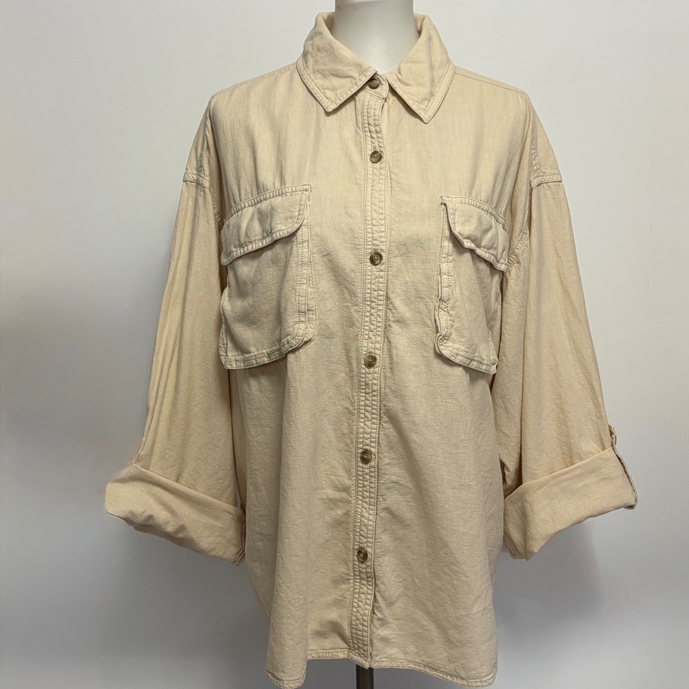 We The Free Free People Made For Sun Large Cream Linen Cotton Oversized Shirt - Picture 2 of 8